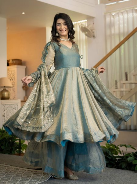 Marvelous Teal Blue Heavy Fandy Silk Anarkali Palazzo Dupatta Set at Wholesale Rate Ready To Wear Collection