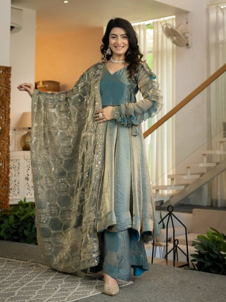 Marvelous Teal Blue Heavy Fandy Silk Anarkali Palazzo Dupatta Set at Wholesale Rate Ready To Wear Collection