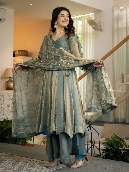 Marvelous Teal Blue Heavy Fandy Silk Anarkali Palazzo Dupatta Set at Wholesale Rate Ready To Wear Collection