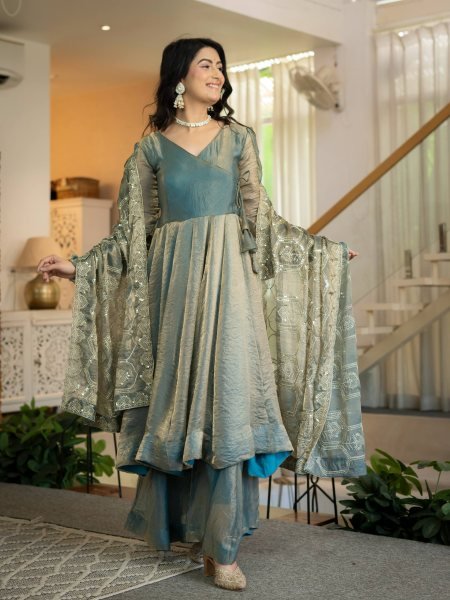 Marvelous Teal Blue Heavy Fandy Silk Anarkali Palazzo Dupatta Set at Wholesale Rate Ready To Wear Collection