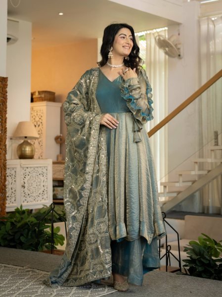 Marvelous Teal Blue Heavy Fandy Silk Anarkali Palazzo Dupatta Set at Wholesale Rate Ready To Wear Collection