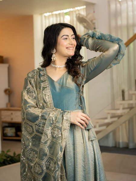 Marvelous Teal Blue Heavy Fandy Silk Anarkali Palazzo Dupatta Set at Wholesale Rate Ready To Wear Collection