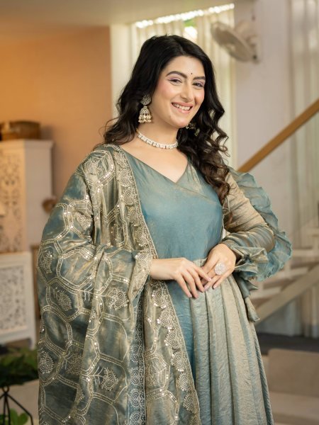 Marvelous Teal Blue Heavy Fandy Silk Anarkali Palazzo Dupatta Set at Wholesale Rate Ready To Wear Collection