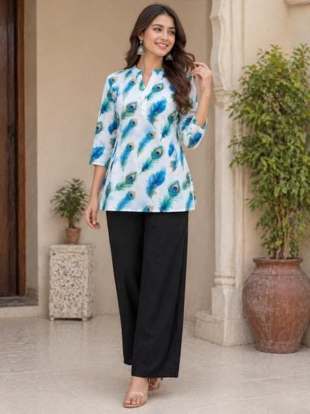 Marvelous White Blue Designer Digital Print Co Ord Set for Daily Wear Tunics kurti