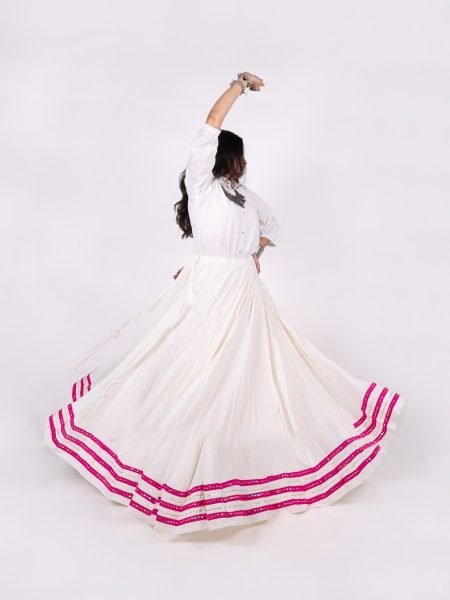 Marvelous White Designer Navratri Lehenga Skirt with Multicolor Panels   Silver Work  Lehenga