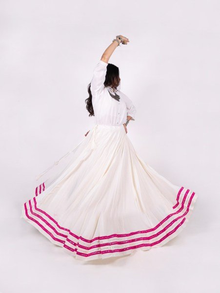 Marvelous White Designer Navratri Lehenga Skirt with Multicolor Panels   Silver Work Navratri Lehnega Choli