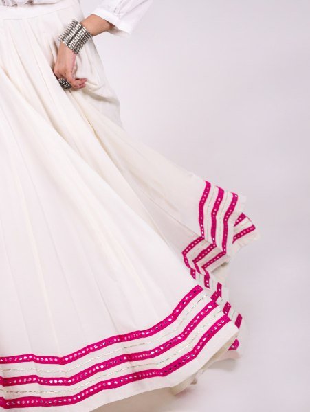 Marvelous White Designer Navratri Lehenga Skirt with Multicolor Panels   Silver Work Navratri Lehnega Choli