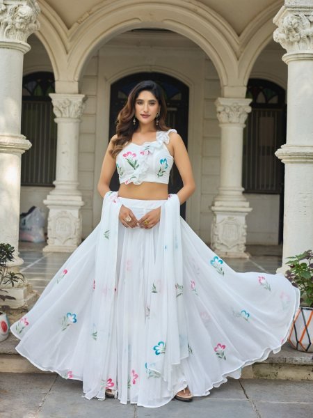 Marvelous White Hand Painted Floral Lehenga Set in Georgette for Women  Lehenga