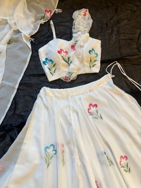 Marvelous White Hand Painted Floral Lehenga Set in Georgette for Women Designer Lehenga Choli