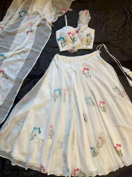 Marvelous White Hand Painted Floral Lehenga Set in Georgette for Women Designer Lehenga Choli