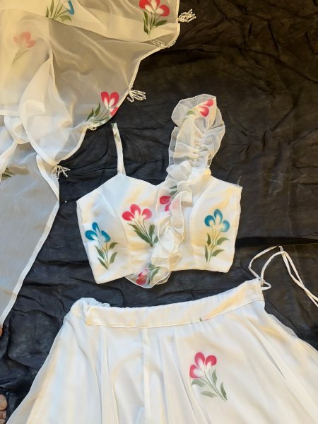 Marvelous White Hand Painted Floral Lehenga Set in Georgette for Women Designer Lehenga Choli