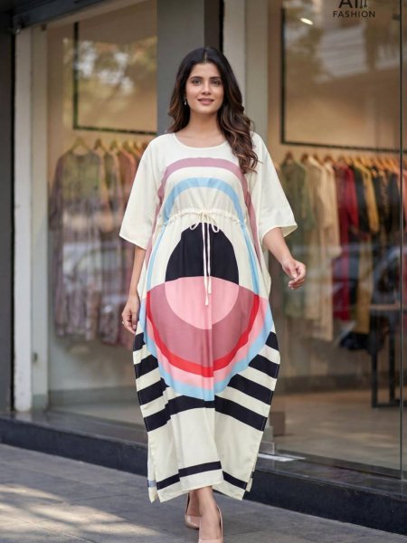 Marvelous White Printed French Crepe Long Kaftan with Belt for Casual Wear Kurtis