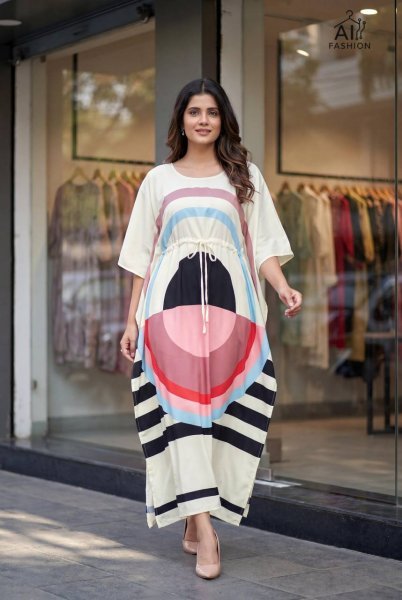 Marvelous White Printed French Crepe Long Kaftan with Belt for Casual Wear Kaftan 