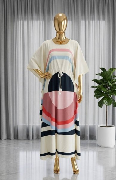 Marvelous White Printed French Crepe Long Kaftan with Belt for Casual Wear Kaftan 