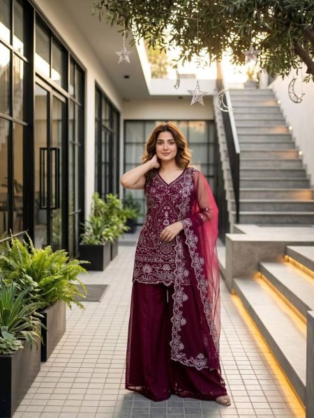 Marvelous Wine Star Georgette Palazzo Suit with Pearl Hand Work for Party Wear 
