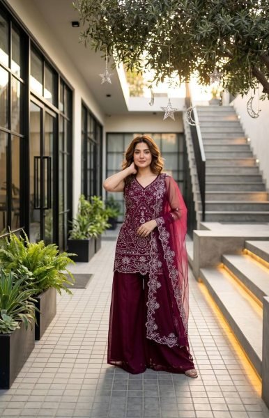 Marvelous Wine Star Georgette Palazzo Suit with Pearl Hand Work for Party Wear Ready To Wear Collection