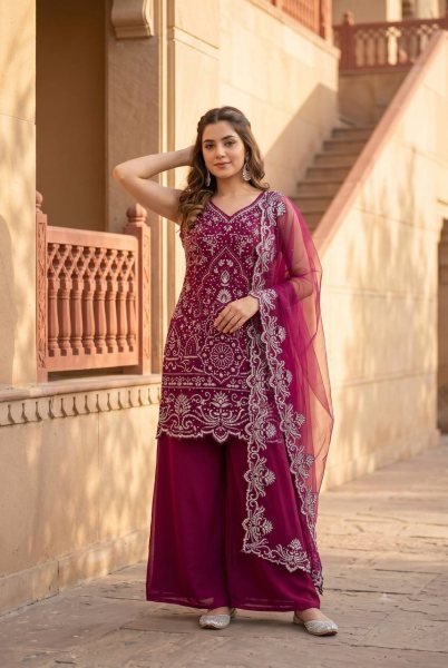Marvelous Wine Star Georgette Palazzo Suit with Pearl Hand Work for Party Wear Ready To Wear Collection