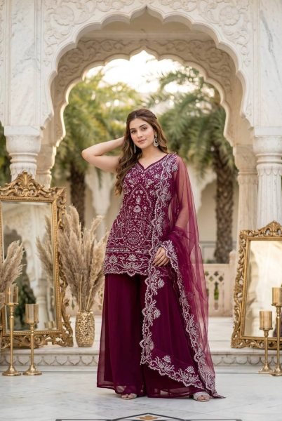 Marvelous Wine Star Georgette Palazzo Suit with Pearl Hand Work for Party Wear Ready To Wear Collection