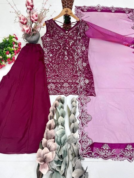 Marvelous Wine Star Georgette Palazzo Suit with Pearl Hand Work for Party Wear Ready To Wear Collection