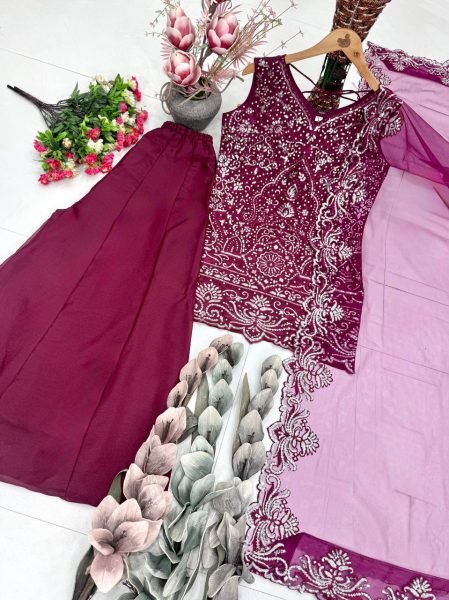 Marvelous Wine Star Georgette Palazzo Suit with Pearl Hand Work for Party Wear Ready To Wear Collection