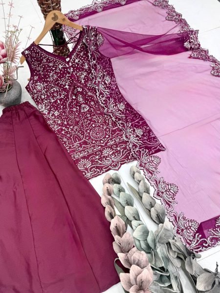 Marvelous Wine Star Georgette Palazzo Suit with Pearl Hand Work for Party Wear Ready To Wear Collection