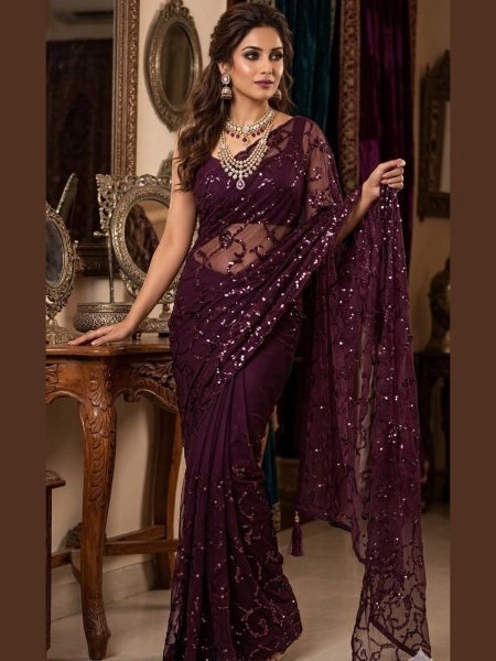 Marvelous Wine Trendy Bollywood Saree with Designer Silk Blouse for Evening Wear Sarees 