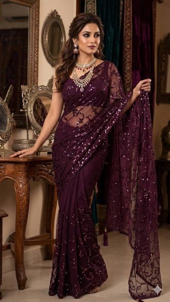 Marvelous Wine Trendy Bollywood Saree with Designer Silk Blouse for Evening Wear Bollywood Fancy Sarees Wholesale