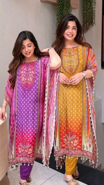 Marvelous Yellow Designer Banana Silk Kaftan Co Ord Set with Maharaja Silky Pants Kaftan 