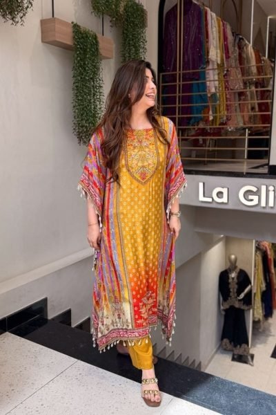 Marvelous Yellow Designer Banana Silk Kaftan Co Ord Set with Maharaja Silky Pants Kaftan 