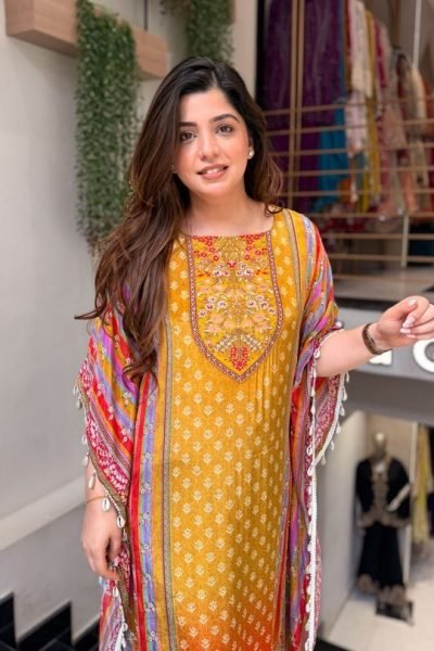 Marvelous Yellow Designer Banana Silk Kaftan Co Ord Set with Maharaja Silky Pants Kaftan 