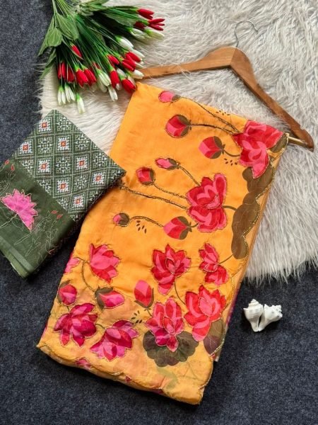 Marvelous Yellow Kamal Print Saree with Handcrafted Cut Dana Embroidery For Wedding 