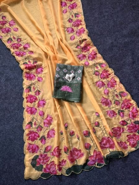 Marvelous Yellow Kamal Print Saree with Handcrafted Cut Dana Embroidery For Wedding Printed Cotton Sarees Wholesale