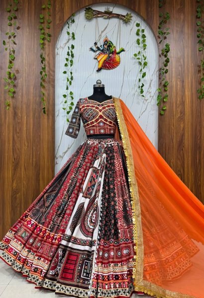 Maslin Cotton Lehenga Choli with Real Mirror Work and Heavy Border Georgette Dupatta Navratri Lehnega Choli