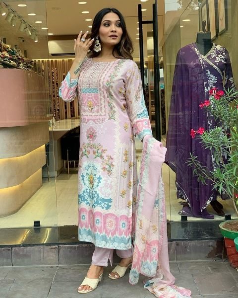  Maslin Fabric 3 Piece Set With Digital Prints 3 Piece Kurti Set