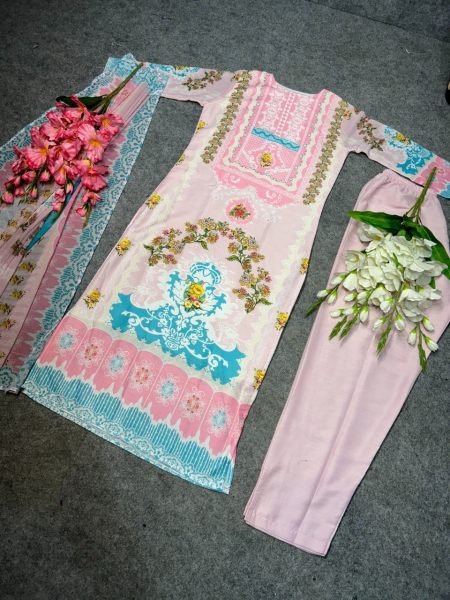  Maslin Fabric 3 Piece Set With Digital Prints 3 Piece Kurti Set