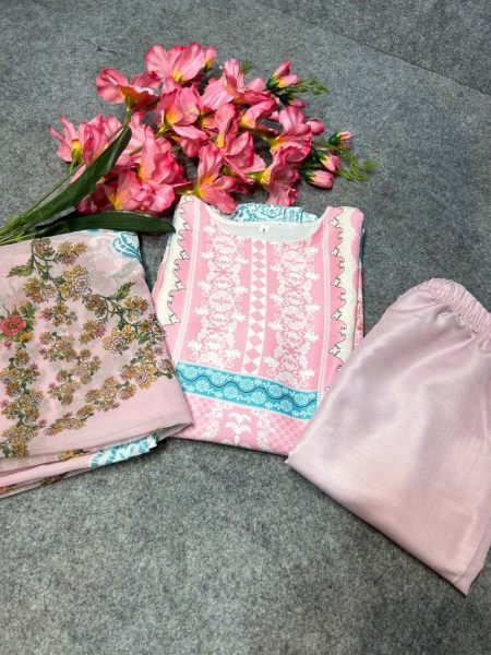  Maslin Fabric 3 Piece Set With Digital Prints 3 Piece Kurti Set
