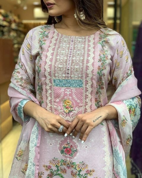  Maslin Fabric 3 Piece Set With Digital Prints 3 Piece Kurti Set