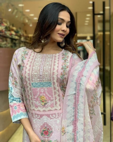  Maslin Fabric 3 Piece Set With Digital Prints 3 Piece Kurti Set