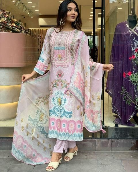  Maslin Fabric 3 Piece Set With Digital Prints 3 Piece Kurti Set