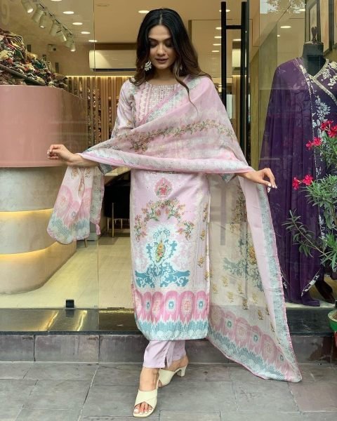  Maslin Fabric 3 Piece Set With Digital Prints 3 Piece Kurti Set