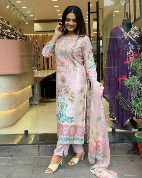  Maslin Fabric 3 Piece Set With Digital Prints 3 Piece Kurti Set