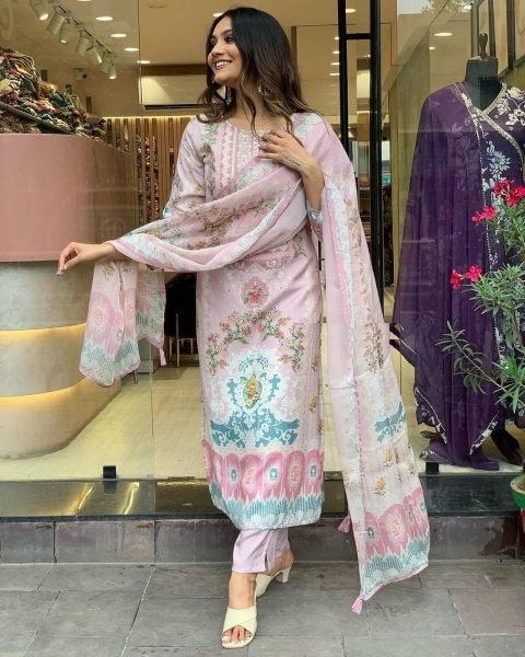  Maslin Fabric 3 Piece Set With Digital Prints 3 Piece Kurti Set