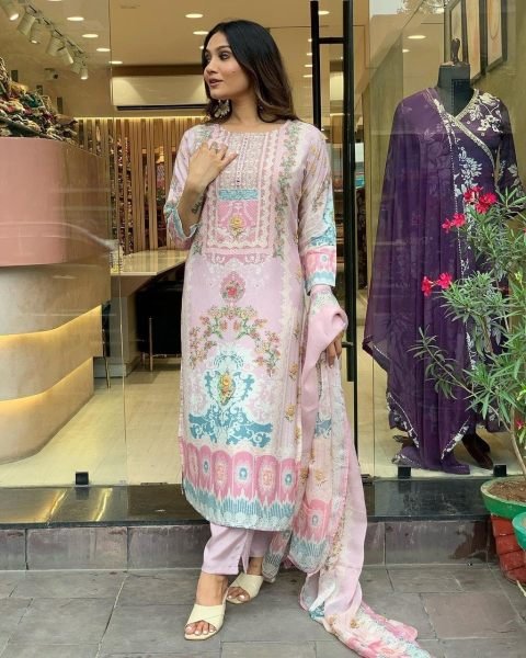 Maslin Fabric 3 Piece Set With Digital Prints 3 Piece Kurti Set