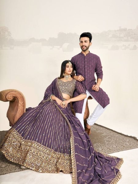 Matching Couple Indian Outfit Georgette Silk Lehenga Choli with Kurta Pajama Set Mens Wear