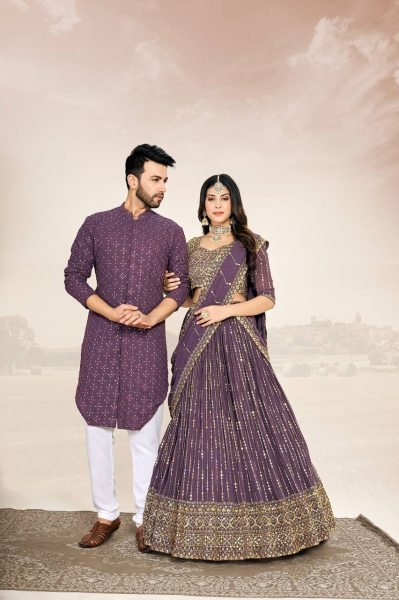 Matching Couple Indian Outfit Georgette Silk Lehenga Choli with Kurta Pajama Set Couple Combo collection 