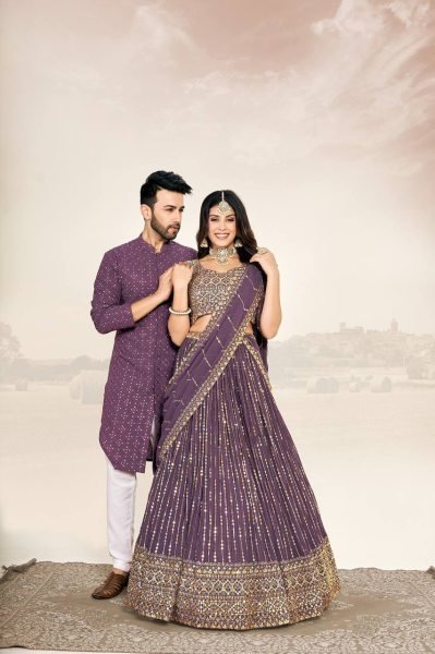 Matching Couple Indian Outfit Georgette Silk Lehenga Choli with Kurta Pajama Set Couple Combo collection 