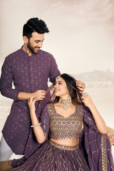 Matching Couple Indian Outfit Georgette Silk Lehenga Choli with Kurta Pajama Set Couple Combo collection 