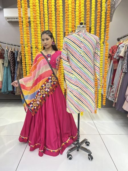 Matching Mirror Work Couple Outfit Multi Color Lehenga &  Coordinated Kurta Combo Navratri Lehnega Choli