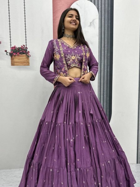 Lavender Chinon 3 Piece Lehenga Set with Designer Jacket and 9-Meter Flair   Lehenga