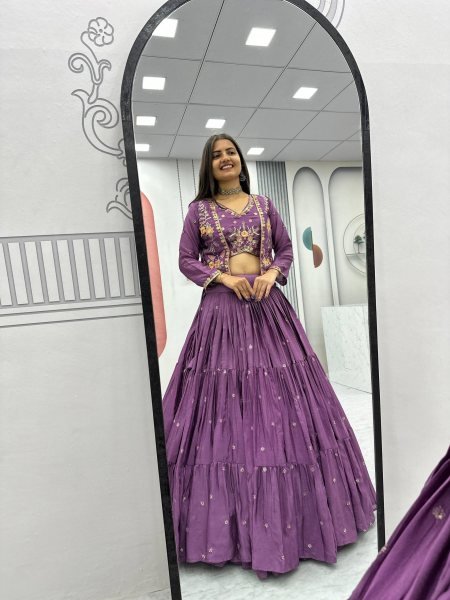 Lavender Chinon 3 Piece Lehenga Set with Designer Jacket and 9-Meter Flair  Designer Lehenga Choli